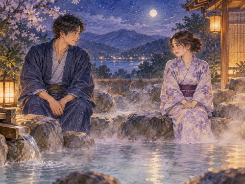 温泉で好きな人と少し照れながら過ごす女性