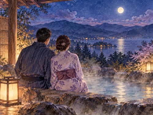温泉で並んで穏やかに過ごす大人の二人