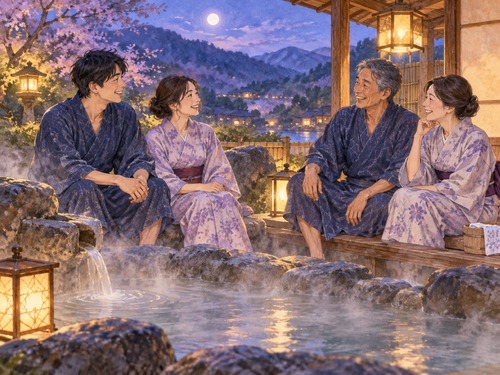 家族で温泉に入り穏やかに会話する場面