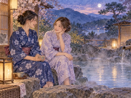 友達同士で温泉に入り笑顔で話す女性たち