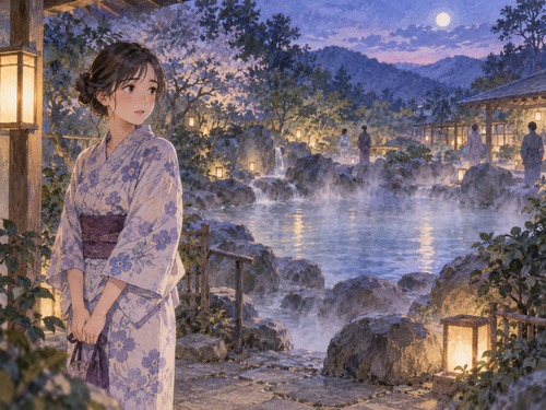 知らない人たちと距離を保って混浴する女性