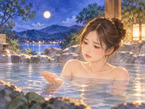 ぬるい温泉で少し物足りなそうにする女性