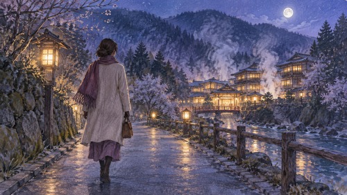 灯りの見える温泉へ向かう女性