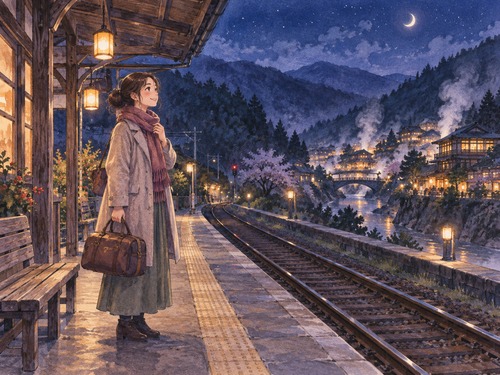 旅行鞄を持って温泉旅行へ出発する女性