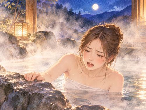 熱すぎる温泉から出ようとする女性