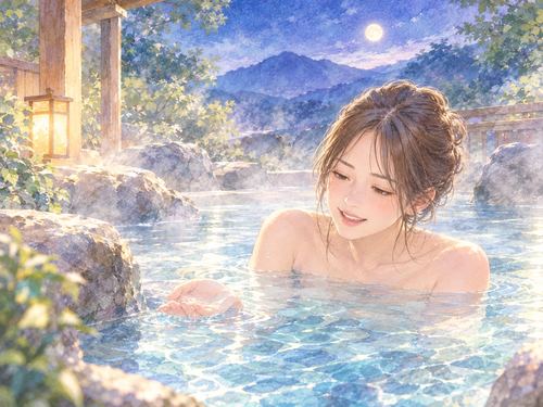 澄んだ温泉に浸かり清々しく過ごす女性
