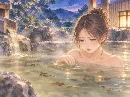 濁った温泉を見て違和感を覚える女性
