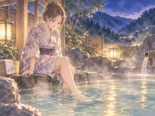 自分から温泉へ足を入れる女性