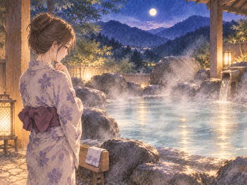 温泉を眺めながら入らずに立つ女性
