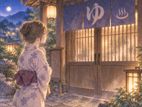 閉じた温泉入口の前で残念そうに立つ女性