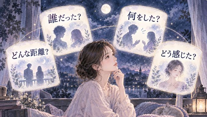 夢に出てきた異性を相手・行動・距離・気持ちの四つから振り返る図
