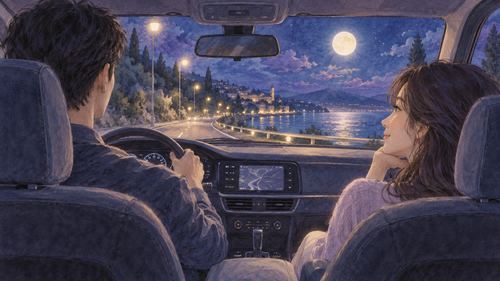 夜の道路を走る車で男性が運転し女性が助手席に座る夢の場面