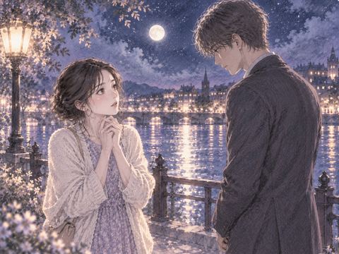 夜の川辺で男性から気持ちを伝えられ驚く女性の夢の場面