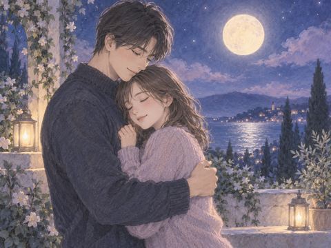 夜の光の中で男性に優しく抱きしめられ安心する女性の夢の場面