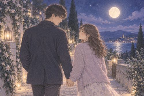 夜道を手をつないで並んで歩く男女の夢の場面