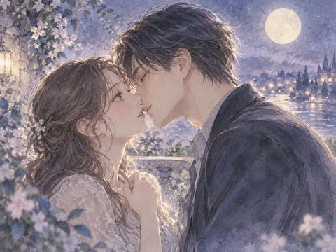 月明かりの中で顔を寄せる男女のキスの夢の場面