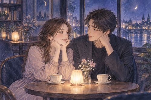 夜のカフェで恋人のように穏やかに過ごす男女の夢の場面