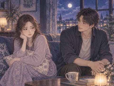 夜の室内で苦手な男性と距離を取り表情を曇らせる女性の夢の場面