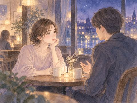 夜のカフェで知り合いの男性と話す女性の夢の場面