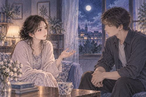 夜の部屋で男性と言い合う女性の夢の場面