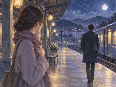 夜の駅で背を向ける男性を見て不安そうに立つ女性の夢の場面