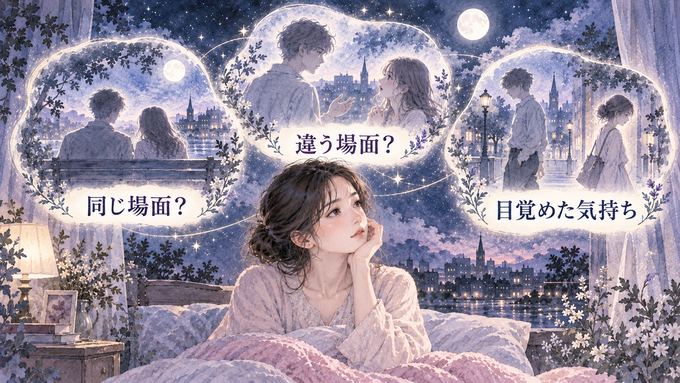 同じ男性が異なる夢の場面に繰り返し現れ、その記憶を振り返る女性の図