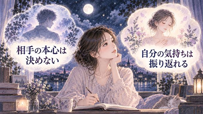 夢に出た男性の面影と自分の気持ちを分けて見つめる女性の図