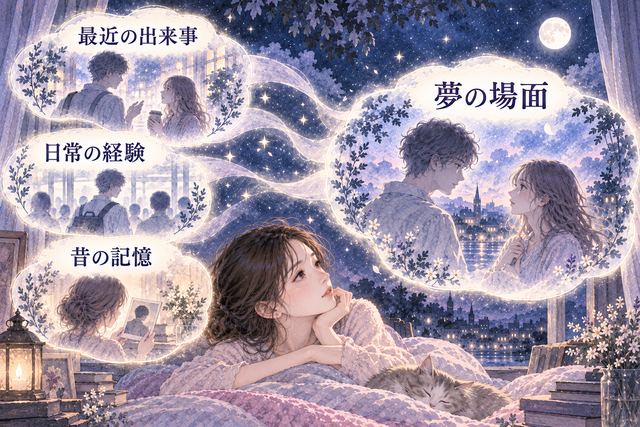 日常の会話や昔の記憶の断片が夢の中の男性像へ重なるイメージ図