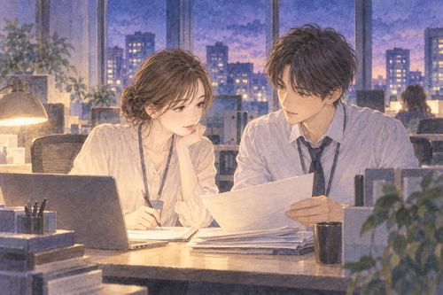 夜のオフィスで職場の男性と書類を確認する女性の夢の場面