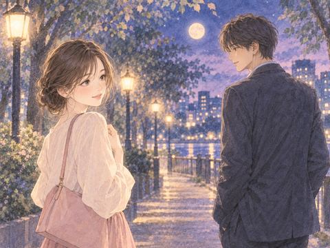 夜の並木道で気になる男性と目が合い微笑む女性の夢の場面