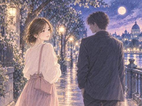 幻想的な夜道で顔のはっきりしない知らない男性とすれ違う女性