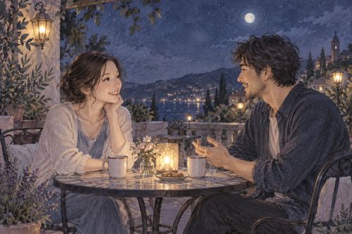 夜のテラスで男性と楽しそうに話す女性の夢の場面