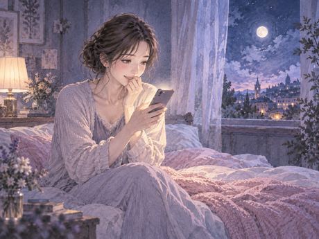 夜のベッドでスマートフォンの通知を見て驚く女性の夢の場面