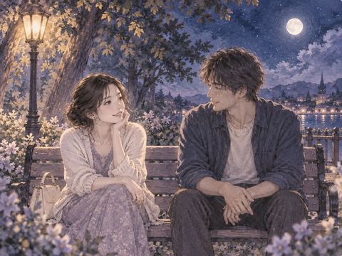 夜の公園ベンチで男性と自然に笑い合う女性の夢の場面