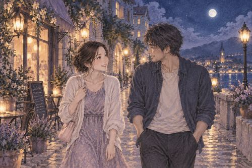 夜の街を並んで歩く男女のデートの夢の場面