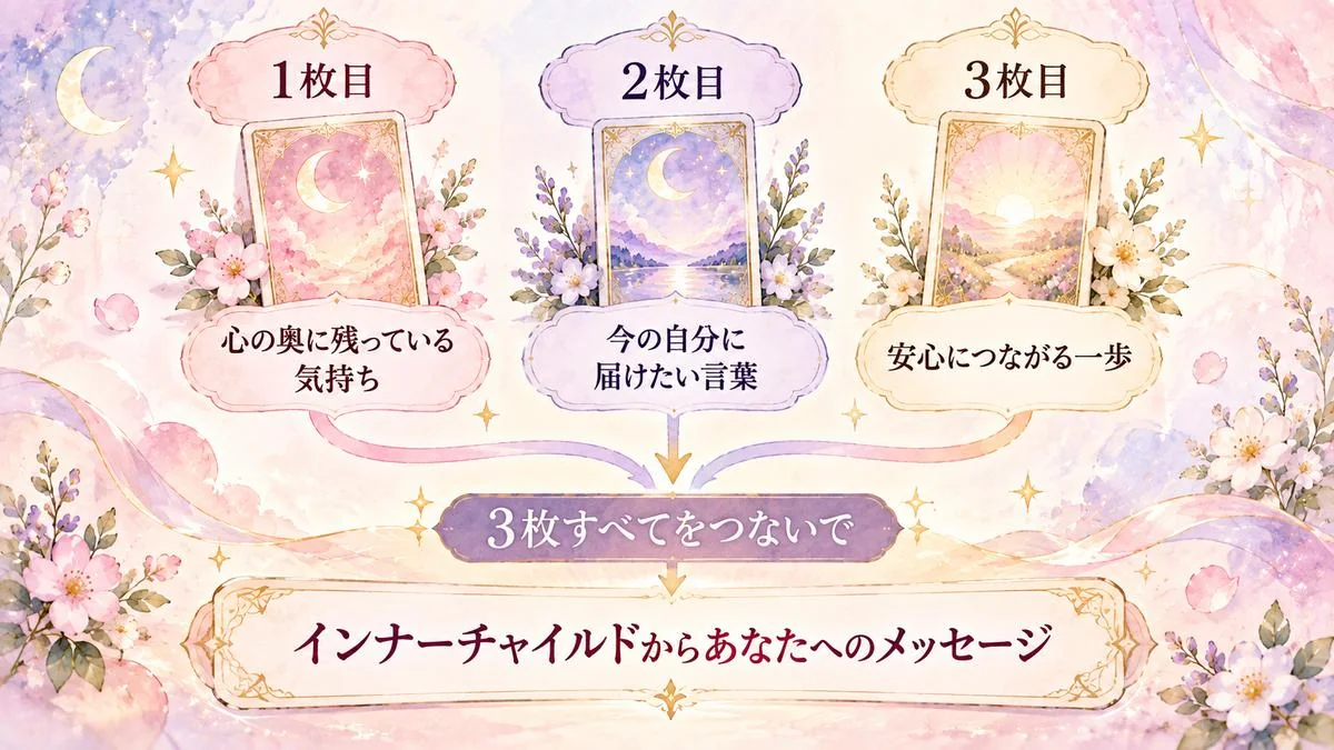 1枚目の心の奥に残っている気持ち、2枚目の今の自分に届けたい言葉、3枚目の安心につながる一歩が、インナーチャイルドからあなたへのメッセージへ一つにまとまる図解