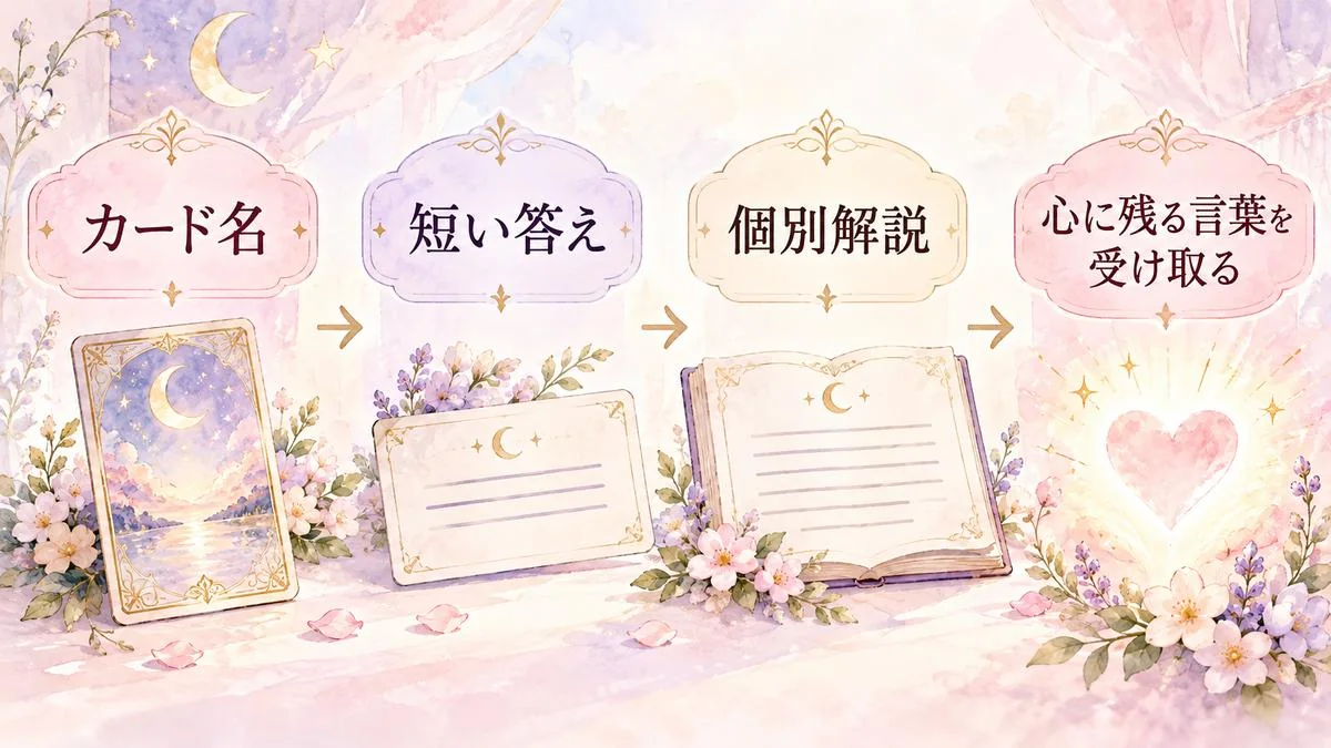 カード名、短い答え、個別解説の順に読み進め、最後に心に残る言葉を受け取る流れを示した図解
