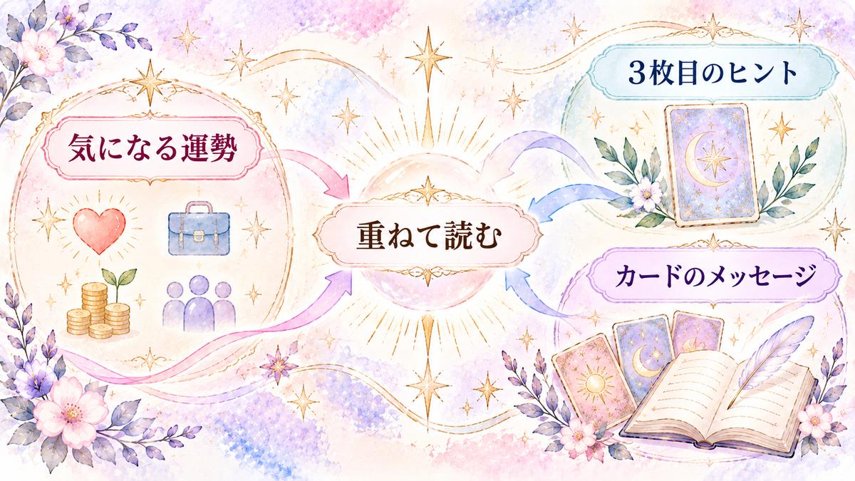 気になる未来の運勢を、3枚目の未来を良くするヒントやカードのメッセージと重ねて読む方法を示した図解