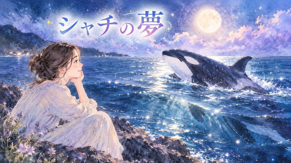 夜の海のシャチを見つめる大人の女性