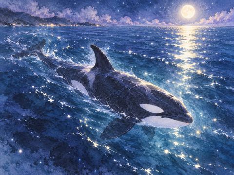静かな夜の海を一頭で悠々と泳ぐシャチ