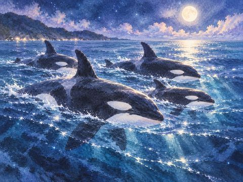 夜の海を寄り添って同じ方向へ泳ぐ複数のシャチ
