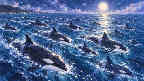 夜の海を埋めるように泳ぐシャチの大群