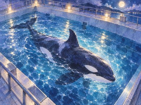 夜の静かなプールを泳ぐ大きなシャチ