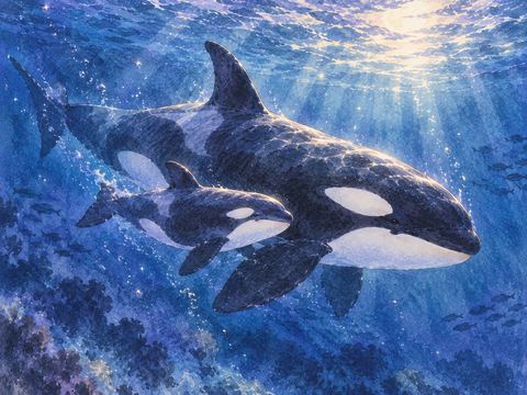 母シャチのそばを泳ぐ生まれたばかりの小さなシャチ