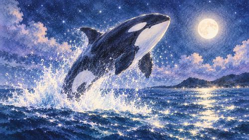 夜の海から高くジャンプするシャチ