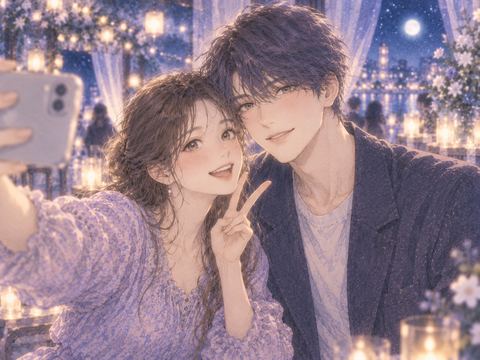 推しのような男性と並んで写真を撮る女性