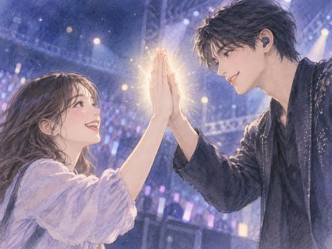 推しのような男性と笑顔でハイタッチする女性