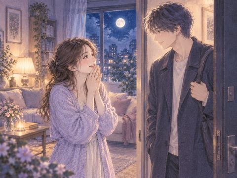 夜の部屋で推しのような男性を迎える女性