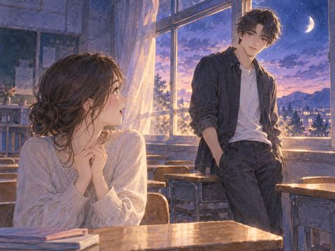 夕方の教室で推しのような男性を見つける女性