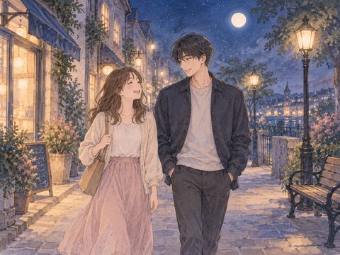夜の街を楽しそうに歩く女性と推しのような男性